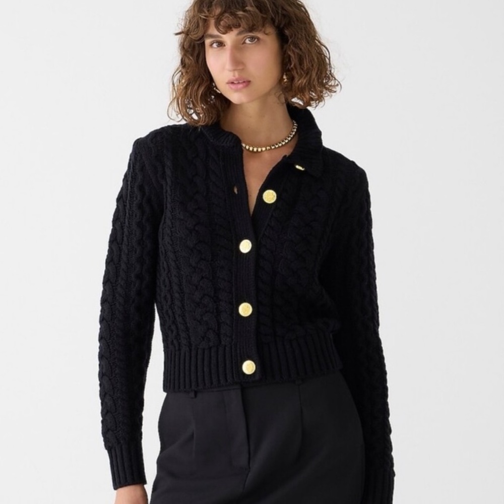 J. Crew Black Cable Knit Cardigan with Gold Buttons